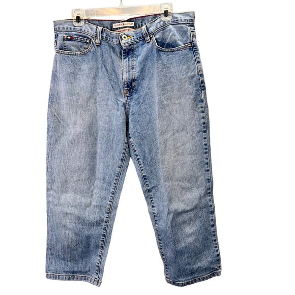 Vintage Tommy Hilfiger Boyfriend Jeans Cropped 35 in Waist High Rise Light Wash - Picture 1 of 4